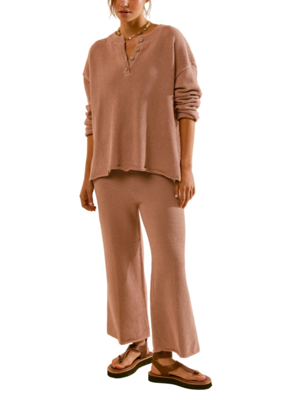Free People Hailee Waffle Stitch Long Sleeve Top & Wide Leg Pants Set Size M